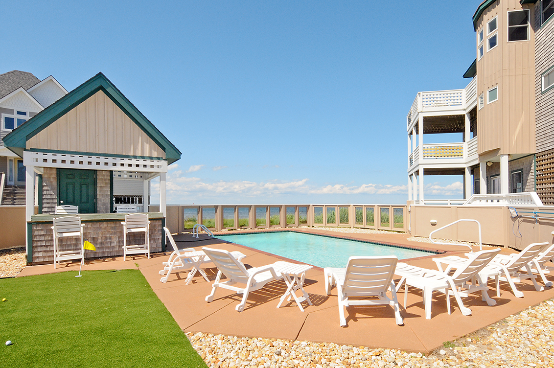The putting green and backyard pool of one of our houses for rent on Hatteras Island